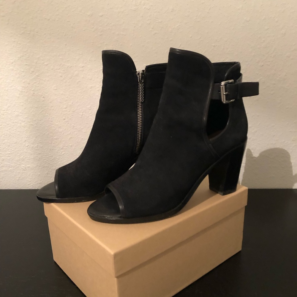 Donald J. Pliner Black Suede Peep Toe Bootie.